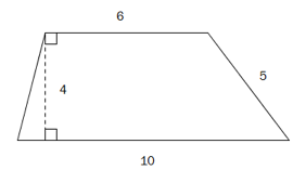 Figuren er en firkant med to parallelle sider som er lik 6 og 10. En tredje side er lik 5. Høyden er lik 4.